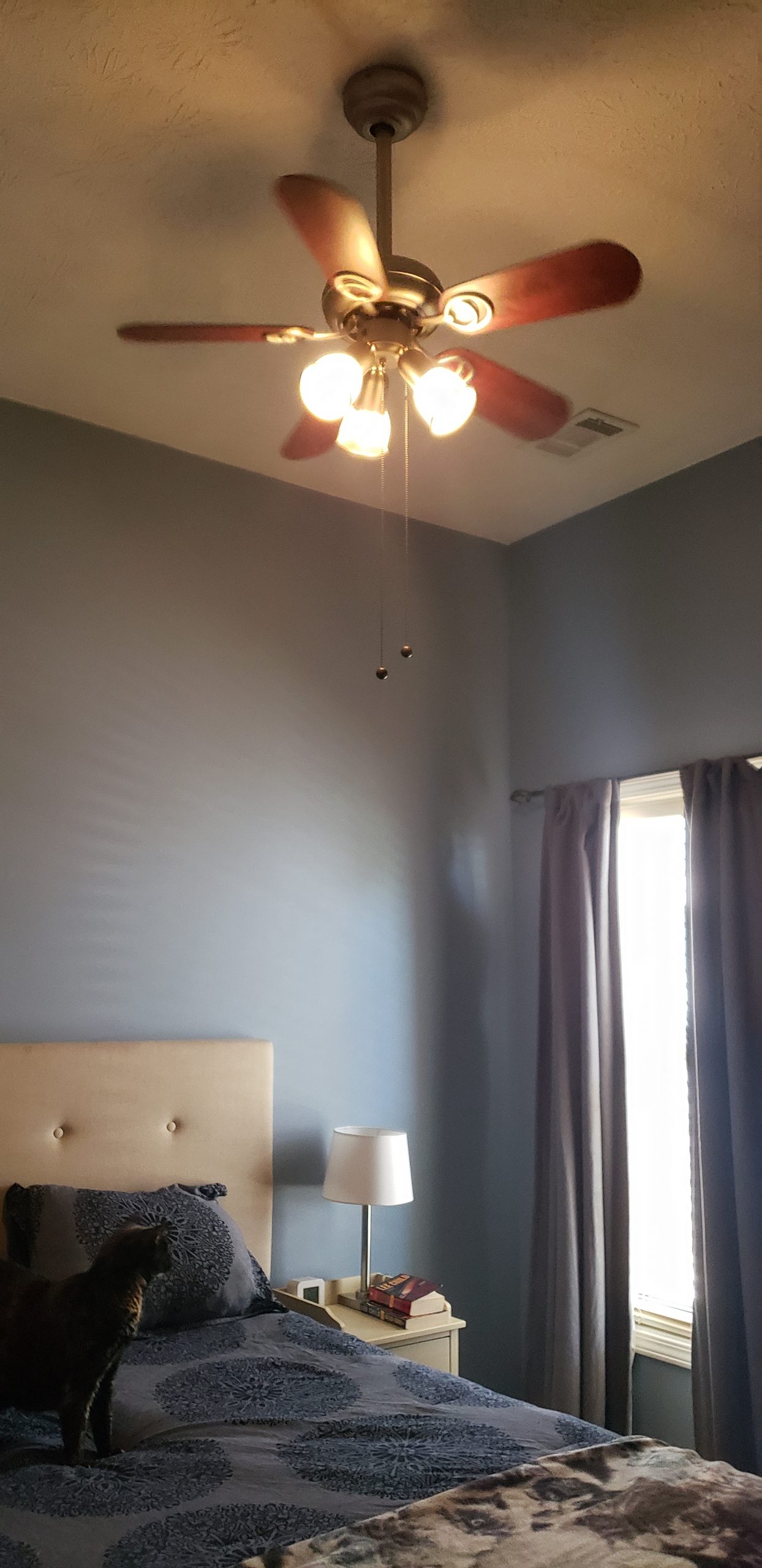 Before: A ceiling fan that's too small, placed up too high and too loud. - Lighting Makeover: Our Lights in a Real Home (My Home!) - LightsOnline.com Blog 