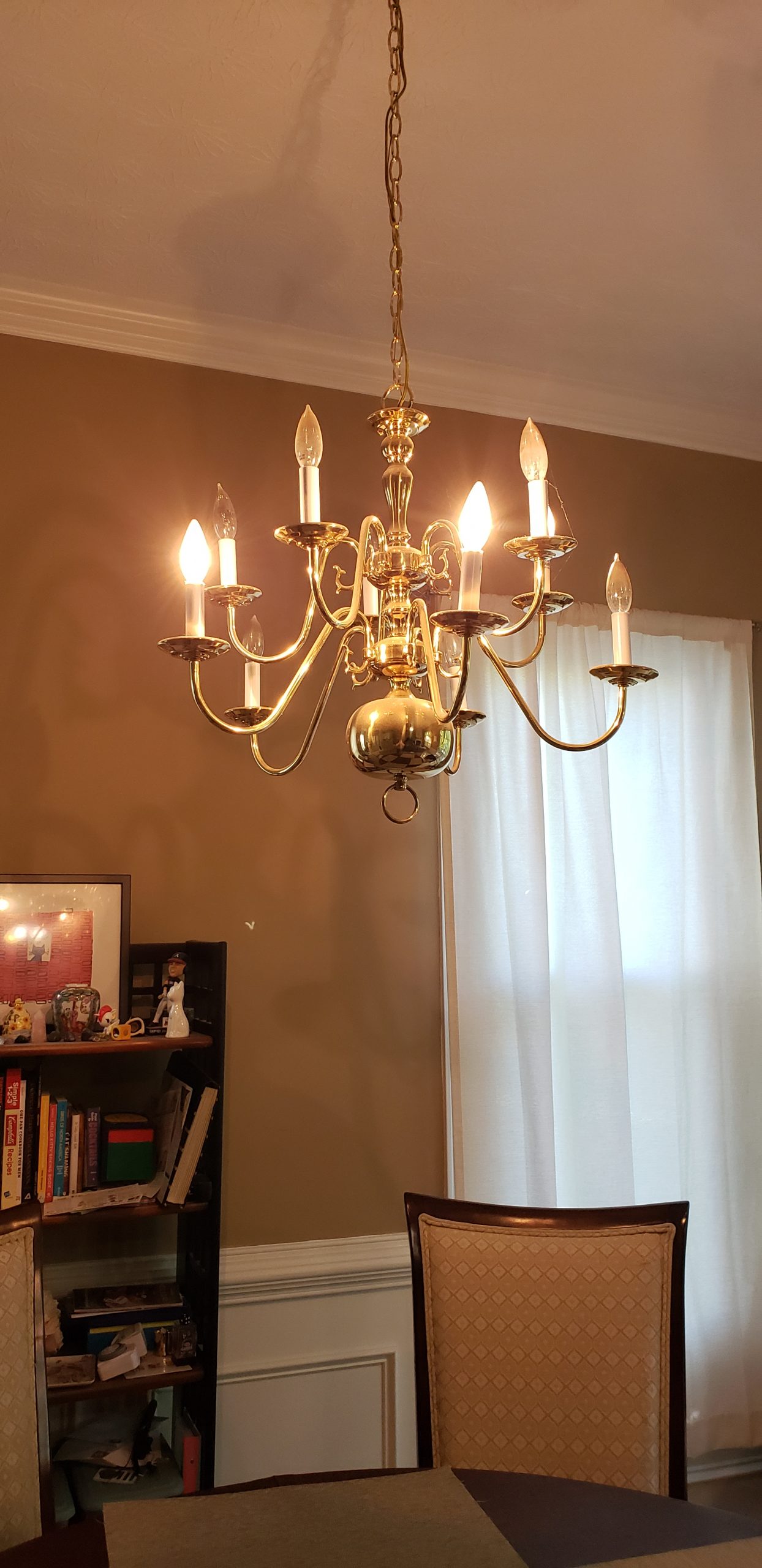 Before: An old brass chandelier. Time for a change. - Lighting Makeover: Our Lights in a Real Home (My Home!) - LightsOnline.com Blog