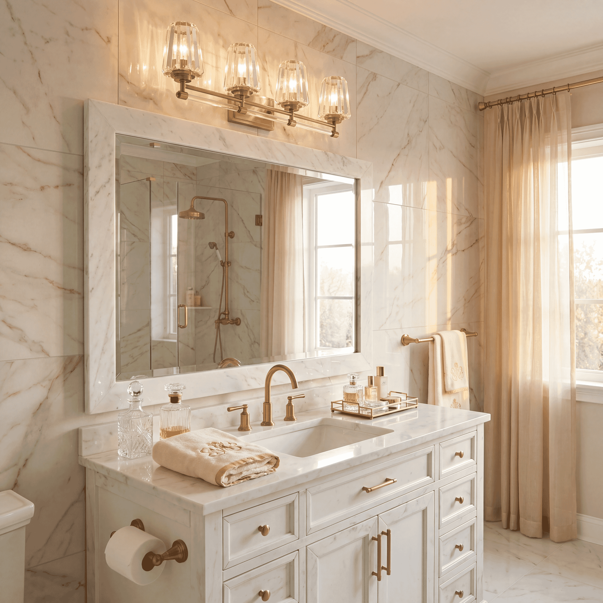 Warm Brass Four Light Bathroom Vanity From The Garnet Collection