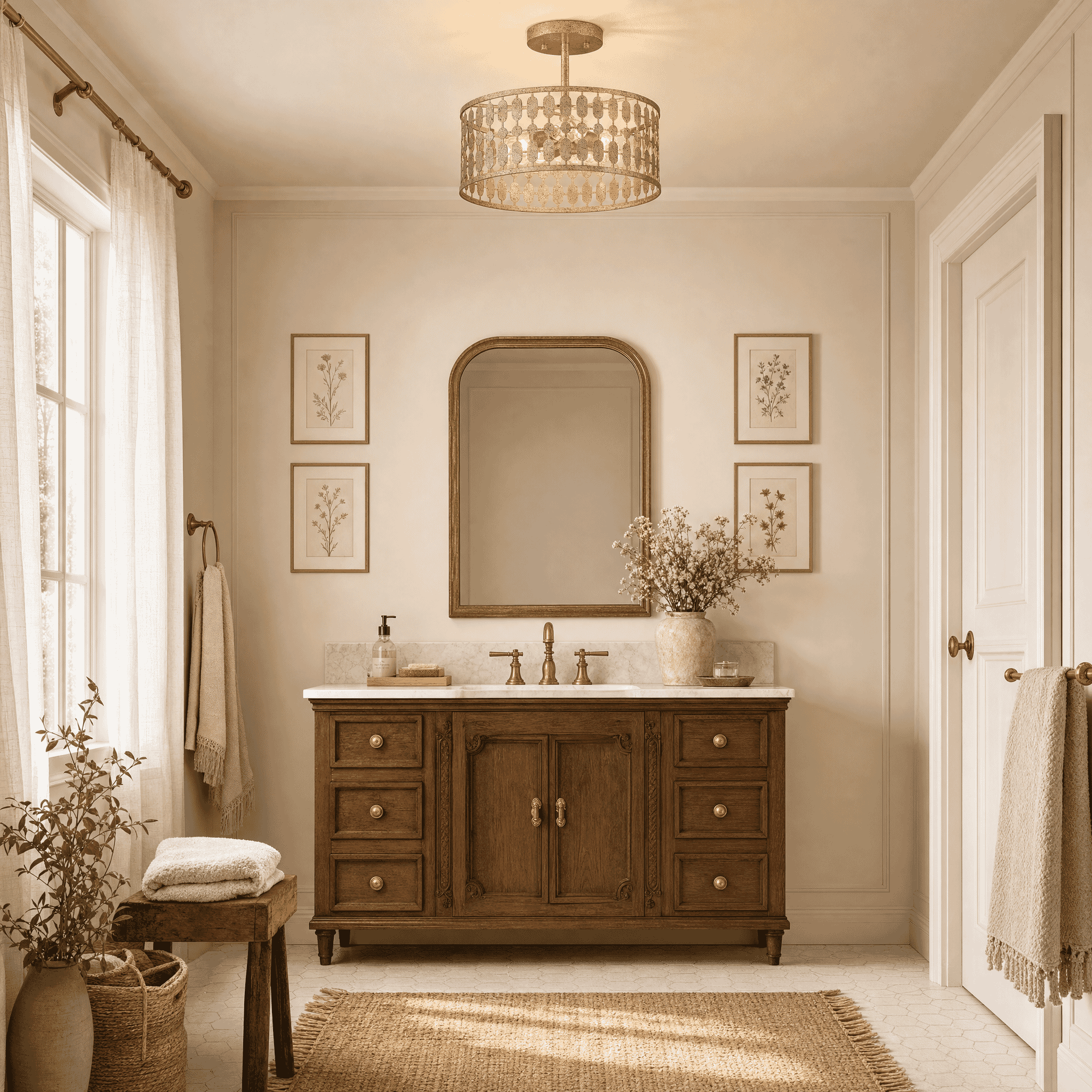 Meridian M60038OG Shabby Chic 3 Light 12 inch Antique Gold Semi-Flush Ceiling Light