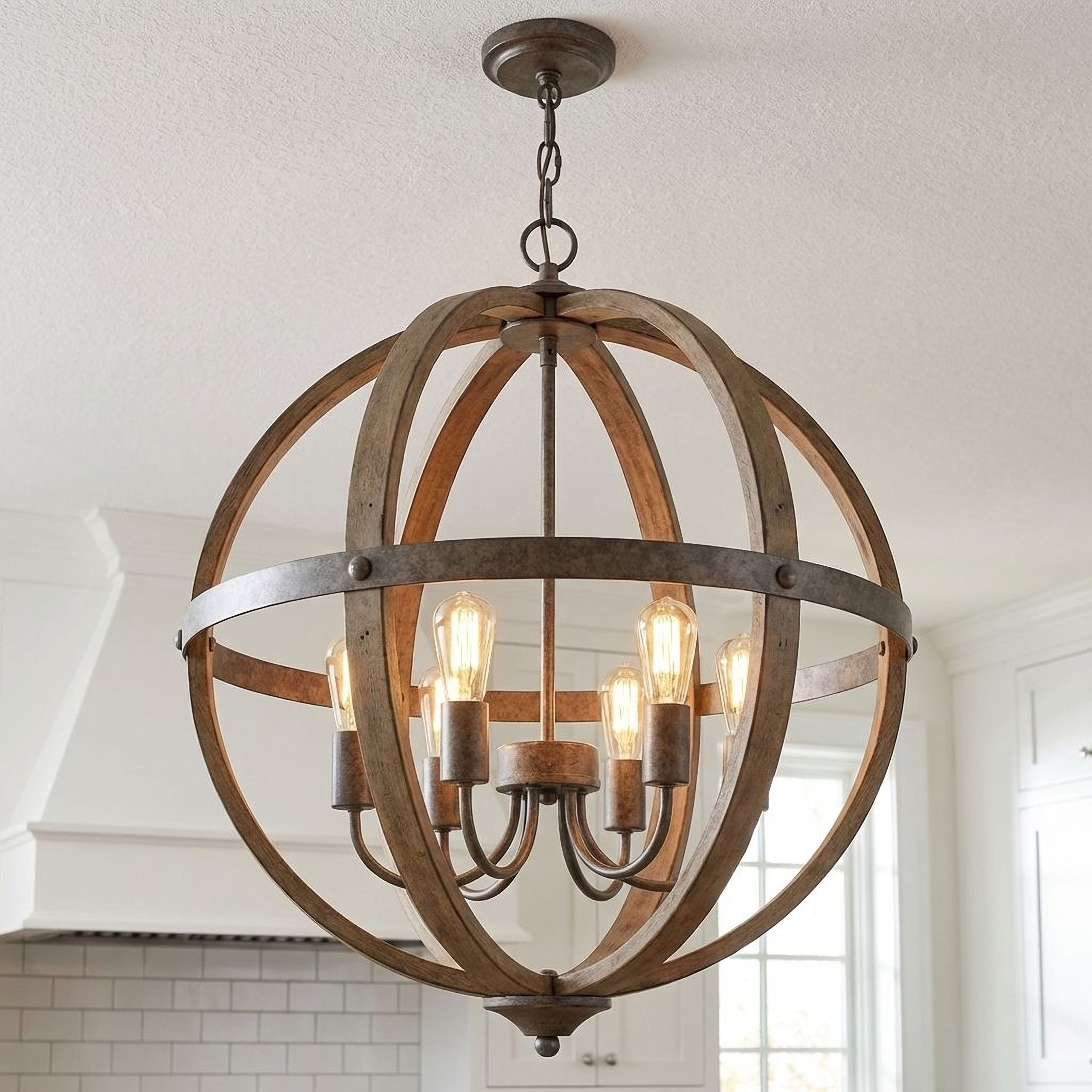 Meridian M70034WB Farmhouse 6 Light 24 inch Wood with Black Pendant Ceiling Light